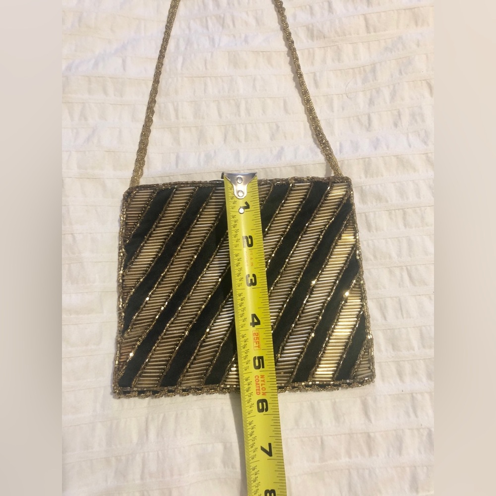 Beaded Gatsby Art Deco Purse Black and Gold Zipper Enclosure Evening Party Bag - Picture 5 of 10
